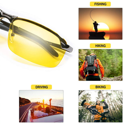 Polarized Night Driving Glasses Anti Glare For Enhanced Night Vision, yellow lenses, metal frame, use in outdoor activities like fishing, hiking, driving, biking.