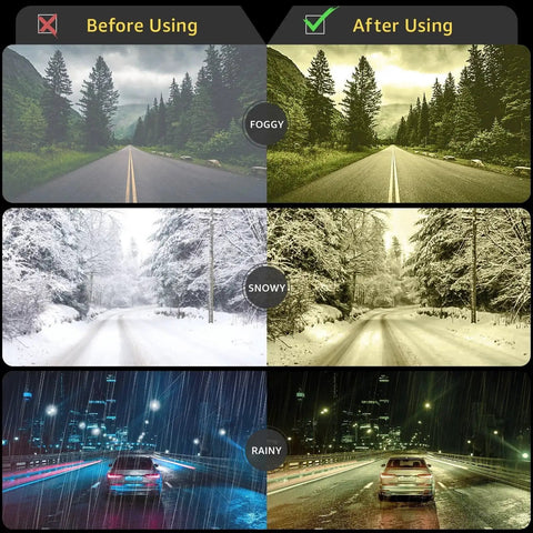 Comparison of road visibility in foggy, snowy, and rainy conditions before and after using Polarized Night Vision Driving Glasses For Women With Yellow Lens UV400.