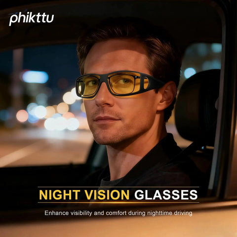 Man wearing Polarized Yellow Night Driving Glasses Anti Glare Wrap Around Fit Over Glasses in a car at night.