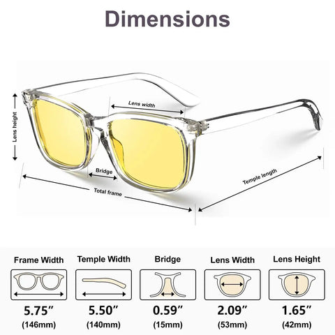 Polarized Night Vision Driving Glasses With Yellow Lens For Men And Women showing dimensions and frame details.