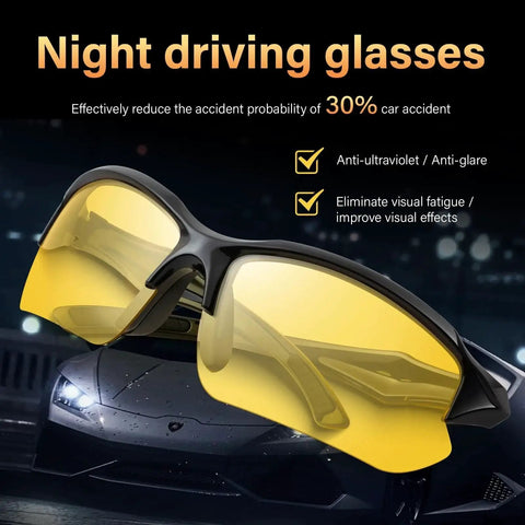 Polarized Night Vision Driving Glasses For Men With Anti Glare Yellow Lenses displayed against a dark background.
