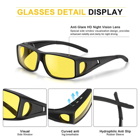 Polarized Yellow Night Driving Glasses Anti Glare Wrap Around Fit Over Glasses with side protection and fog prevention