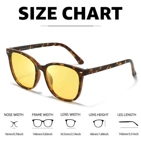 Size chart for Polarized Night Vision Driving Glasses For Women With Yellow Lens UV400, tortoiseshell frame, UV protection lenses.