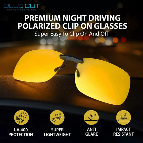 Clip On Polarized Night Vision Driving Sunglasses Over Rx Glasses UV 400 with yellow lenses on dashboard