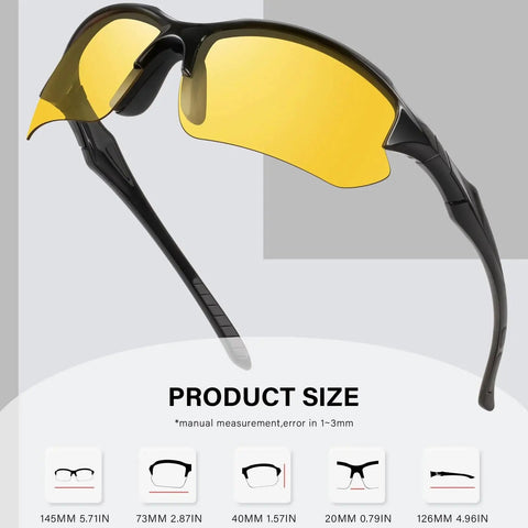 Polarized Night Vision Driving Glasses For Men With Anti Glare Yellow Lenses, size details shown