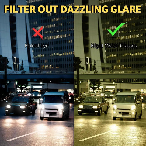 Comparison image showing nighttime driving with and without Polarized Night Vision Driving Glasses For Women With Yellow Lens UV400.