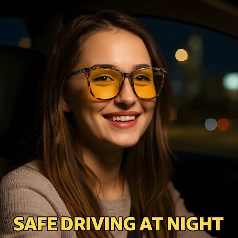 Woman wearing Polarized Night Vision Driving Glasses For Women With Yellow Lens UV400 in a car at night