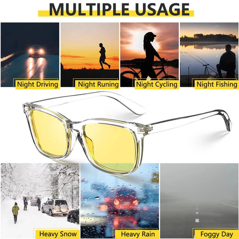 Polarized Night Vision Driving Glasses With Yellow Lens for Men and Women shown with night and weather use scenes