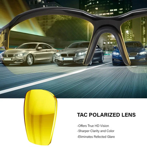Polarized Night Vision Driving Glasses For Men With Anti Glare Yellow Lenses showing cars through glasses and lens close-up