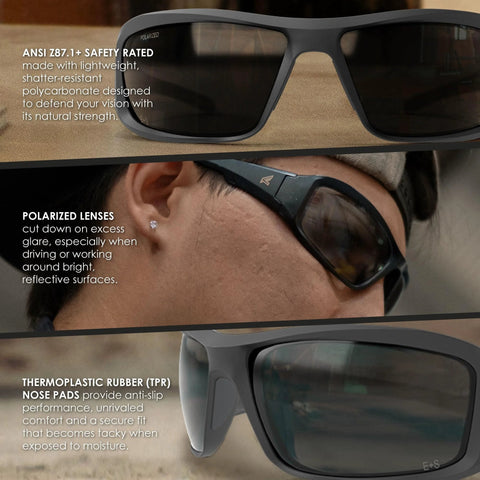 Brazeau Polarized Safety Glasses With 99.9 Percent UV Protection And ANSI Z87 showing lenses, rubber nose pads, and protective features.