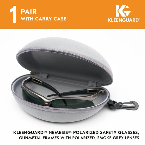 Polarized Safety Glasses With Smoke Lenses Gunmetal Frame Unisex Case Included displayed in an open carry case