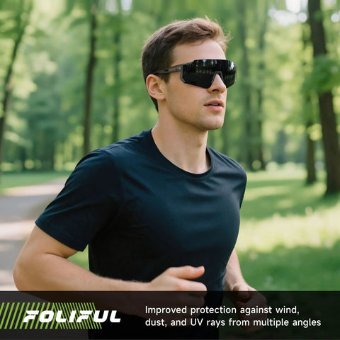 Man running outdoors wearing 3 Pack Polarized Sunglasses For Men And Women UV400 Protection Glasses Gray with wrap-around frame
