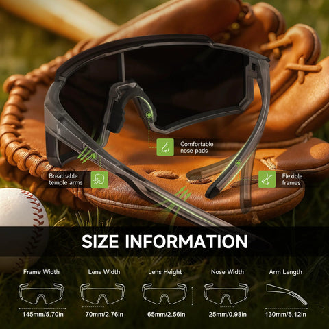 3 Pack Polarized Sunglasses For Men And Women UV400 Protection Glasses Gray with size details on baseball glove