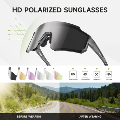 HD polarized sunglasses with UV400 protection shown in black, featuring wrap-around design for outdoor use