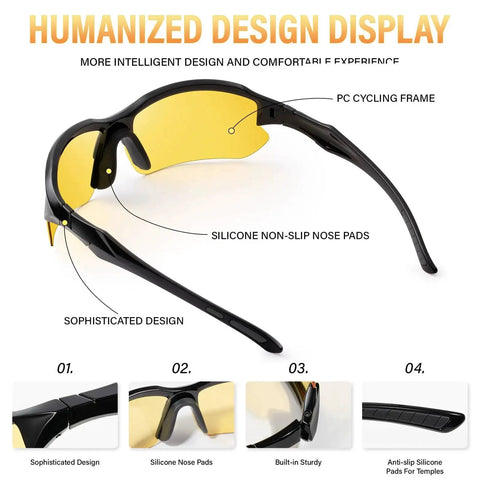 Polarized Night Vision Driving Glasses For Men With Anti Glare Yellow Lenses, side view with silicone nose pads and PC frame