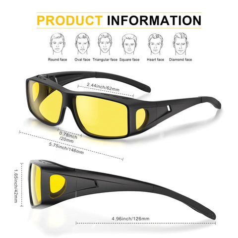 Diagram of Polarized Yellow Night Driving Glasses Anti Glare Wrap Around Fit Over Glasses with measurements and face shapes compatibility.