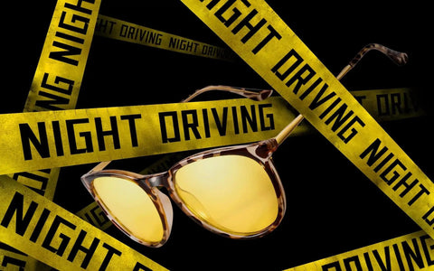 Night Vision Driving Glasses With Polarized Yellow Lenses For Low Light Driving surrounded by yellow caution tape