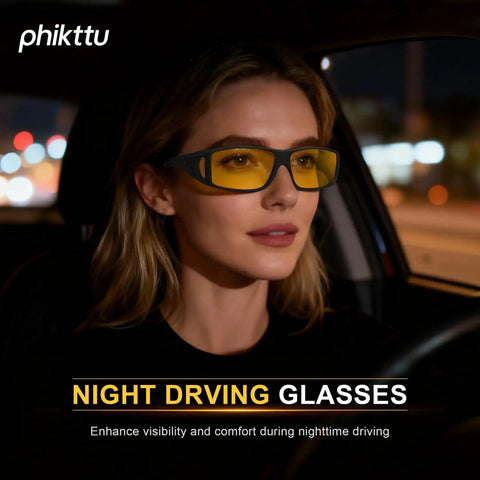 Woman wearing Polarized Yellow Night Driving Glasses Anti Glare Wrap Around Fit Over Glasses while driving at night.