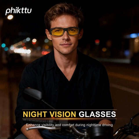 Man wearing Polarized Yellow Night Driving Glasses Anti Glare Wrap Around Fit Over Glasses on a city street at night.