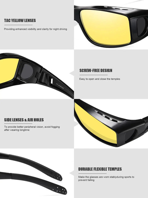 Night Vision Driving Glasses With Polarized Yellow Lenses Fit Over Glasses showcasing lens details and durable flexible temples