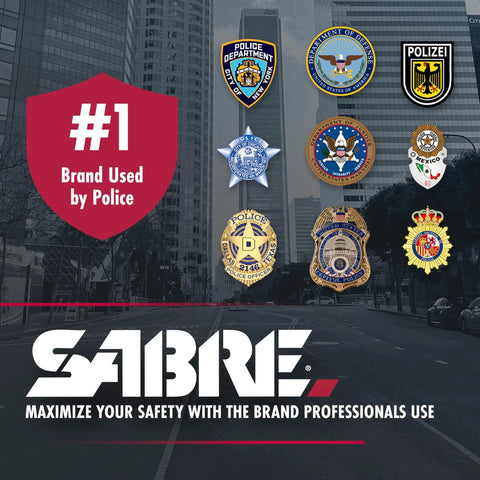 Image featuring various police department logos and badges above the SABRE logo, emphasizing use by professionals for safety.
