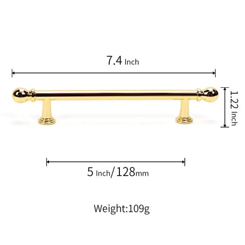 10 Pack Polished Brass Cabinet Pulls 5 Inch Hole Center 128mm Solid Zinc Alloy Handles dimensions view
