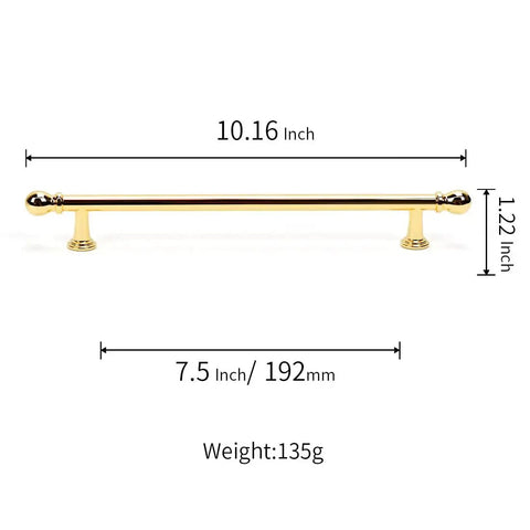 10 Pack Polished Brass Cabinet Pulls 7.5 Inch Hole Center Solid Zinc Alloy Drawer Handles, side view dimensions shown