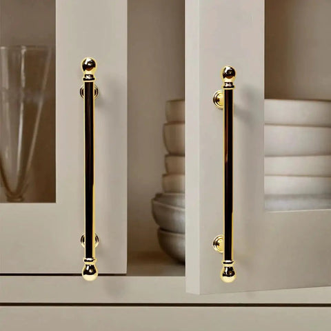 10 Pack Polished Brass Cabinet Pulls 5 Inch Hole Center 128mm Solid Zinc Alloy Handles installed on kitchen cupboard