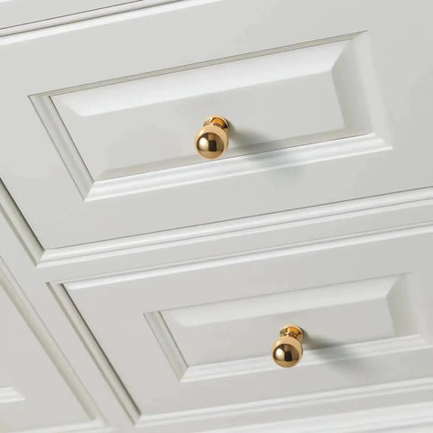 Modern 5 Pack Round Polished Brass Kitchen Drawer Knobs Bright Gold Cabinet Pulls on white cupboard