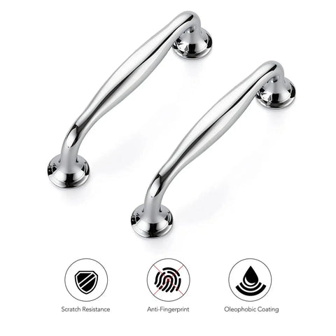 Two 3-3/4 inch polished chrome cabinet handles with solid zinc alloy, shown with scratch resistance, anti-fingerprint, and oleophobic coating icons.