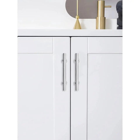 Polished Chrome Cabinet Pulls Set Of 2, 3 Inch Hole Center Square Handles For Kitchen Cabinets And Drawers installed on white cabinet doors