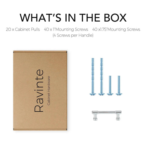 Box contents for 20 Pack 3 Inch Hole Center Solid Kitchen Cabinet Handles In Polished Chrome Dresser Pulls and screws.