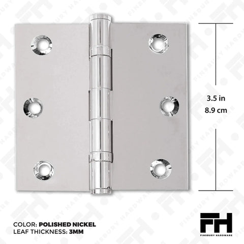 Polished nickel 3.5x3.5 inch brass ball bearing door hinge with flat tip; solid brass heavy duty architectural mortise hinge, front view.