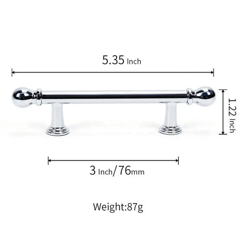 10 Pack Polished Nickel Cabinet Pulls 3 Inch Hole Center 76mm Solid Zinc Alloy Drawer Handle with Dimensions Shown