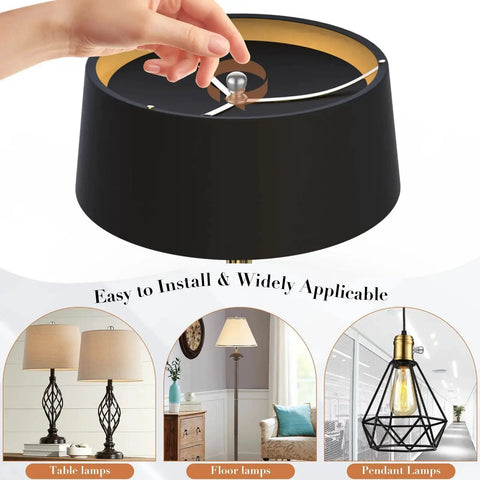 Two Pack Ball Lamp Finial Caps With 1/4-27 Inch Thread securing a black lampshade on table and floor lamps in polished silver.