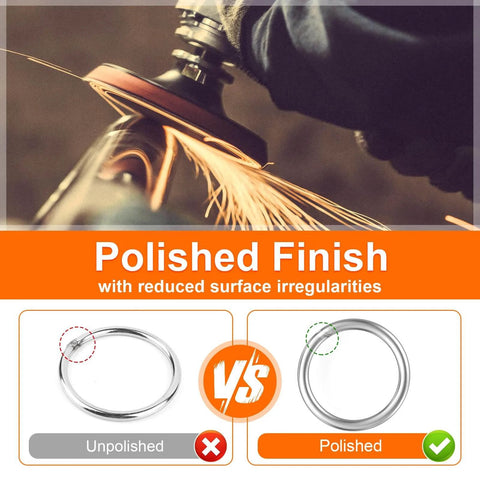 Polishing process highlighting burr-free finish of 1 Inch Stainless Steel O Rings Set, 15 Solid Welded Metal Loops For Dog Collars