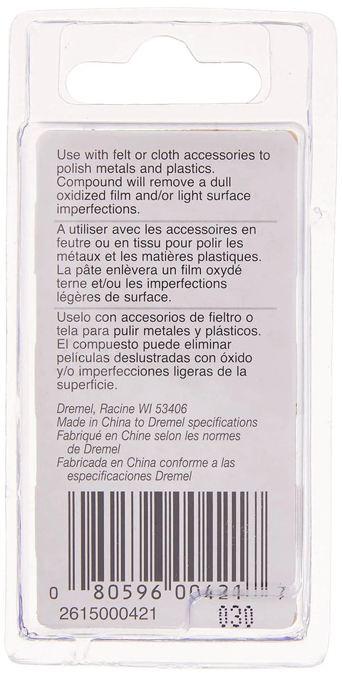 Back view of packaging for Polishing Compound 421 for metals and plastics, showing usage instructions and barcode.