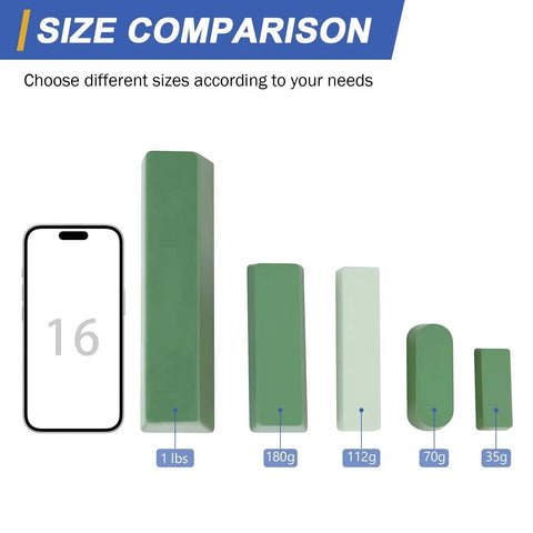 Size comparison of green buffing compound bars with weights ranging from 35g to 1lb alongside a smartphone.