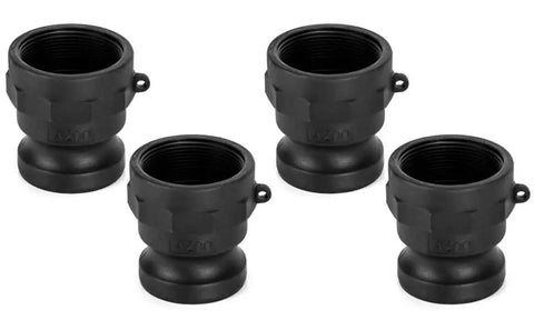 Poly Cam Latch Fittings 4 Pack Type A Standard Couplings Plastic Quick Disconnect Adapters 2 Inch Male To 2 Inch Female Thread Durable Polypropylene Construction Suitable For Fluid Transfer Industrial And Agricultural Use, set of four black connectors.