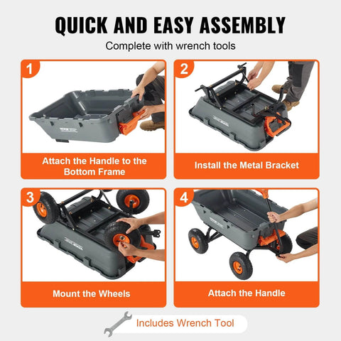 Quick assembly process of 800 lb Poly Dump Garden Cart Heavy Duty Yard Dump Wagon with steel frame and 10 inch all terrain tires.