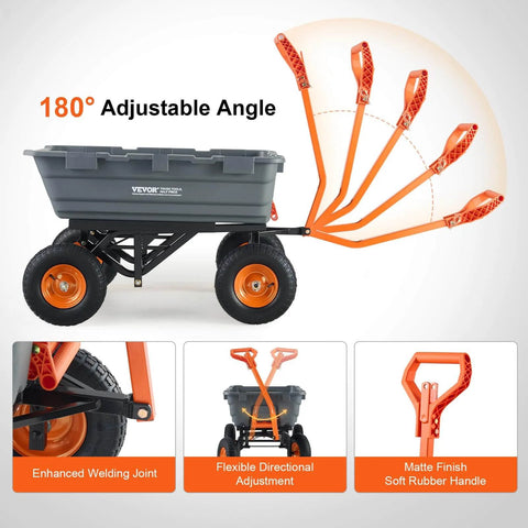 1500 lb Poly Garden Dump Cart Wagon with 2 in 1 Convertible Handle showing adjustable angle and features