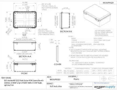 Technical drawing of Rugged Outdoor NEMA Poly PBT Blend Economy Enclosure Box, Weatherproof IP66 And NEMA rated, dimensions shown, Bud Industries
