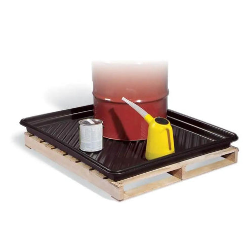 Beefy Rugged Utility Pallet Tray For Forklift Movement And Liquid Containment Rim To Rim 43.58 W X 51.38 L X 4 H Inches Interior 48 X 40 Inches 28.98 Gallon Sump Capacity Heavy Duty Poly Construction PMB30609 PIG shown with drum and containers