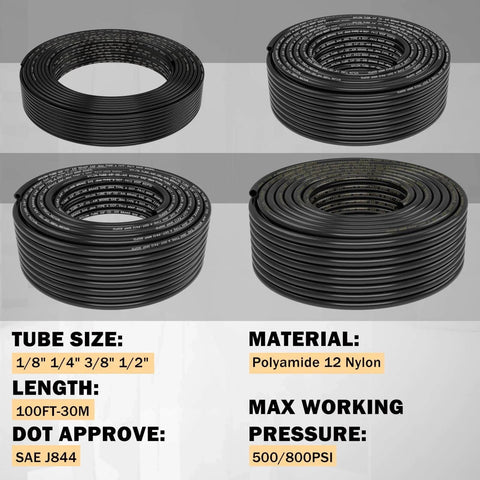 Four coiled air lines from the 156 Piece Brass DOT Air Line Fittings Kit with tube size details and max pressure, black color.