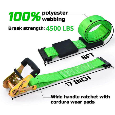 Heavy Duty E Track Wheel Chock Tie Down Kit with rubber blocks for ATV UTV and lawn mower transport 4500lb break strength includes 4 wheel chocks and 2 E track ratchet straps Trekassy showing green webbing and ratchet details