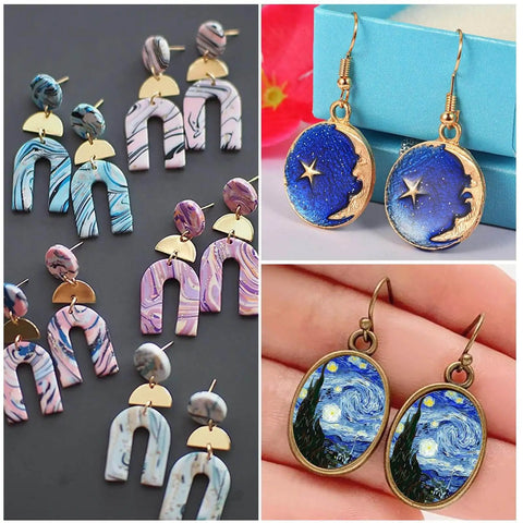 Colorful earrings made with Must Have 31 Piece Polymer Clay Cutters Kit With 8 Round Cutters 18 Rectangular Earring Molds And 5 Plastic Sculpting Tools For Jewelry Making Crafting And DIY Projects Great For Beginners And Pros.