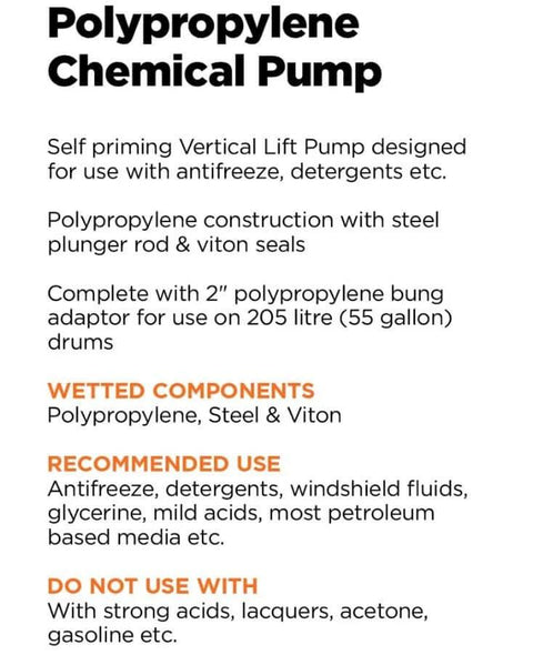 Description of Groz Polypropylene Chemical Pump use, materials, components, and compatible substances for 55-gallon drums.
