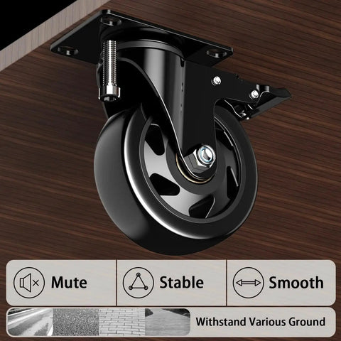 Heavy Duty 4 Inch Caster Wheels Set Of 4 With Brakes And Locking Swivel Plate Industrial Castors For Carts Furniture And Workbenches 2200lbs Capacity Includes Free Screws And Spanner Quiet Polyurethane Wheels, shown installed on wood surface.