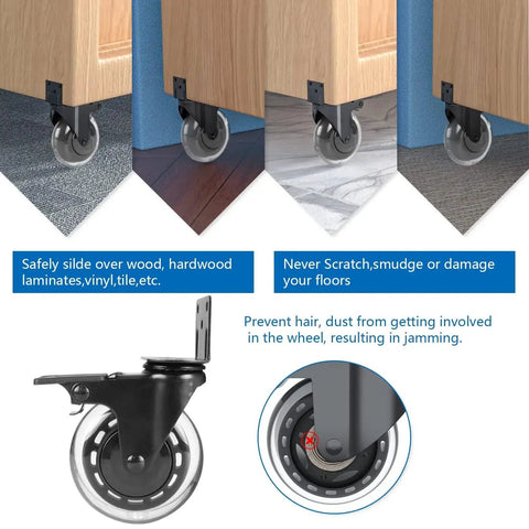 3 Inch L Shaped Plate Casters, 4 Pack Side Mount Lockable Furniture Caster Wheels With Non Marking Polyurethane, shown on various flooring.
