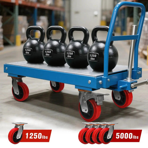 Industrial Grade 6x2 Polyurethane Casters, Set Of 4, 5000 Lb Capacity, installed on blue cart with kettlebells in warehouse